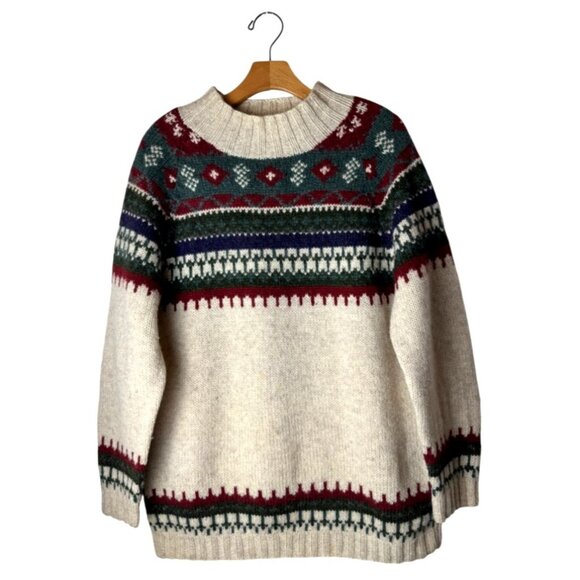 Moda‎ International Sweater Men Medium Beige Wool Knit Vintage Fair Isle Nordic - Picture 1 of 9